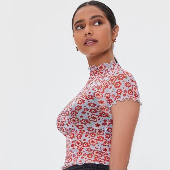 Forever 21 Floral Mesh Crop Top S - Picture 5 of 7